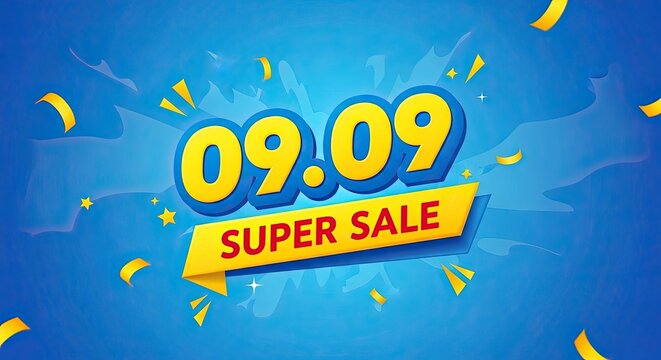 Vibrant super sale advertisement with confetti on blue background
