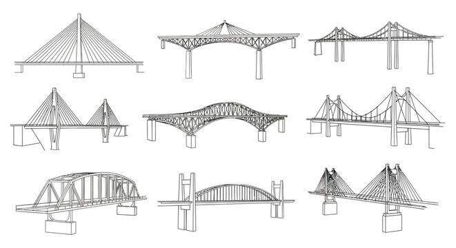 A collection of architectural sketches showcases various bridge designs including suspension beam and arch structures in linear detail