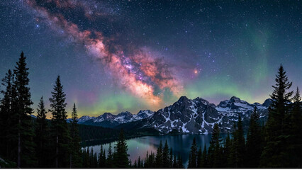 Northern Lights and Milky Way Over Reflective Alpine Lake at Night © saqib