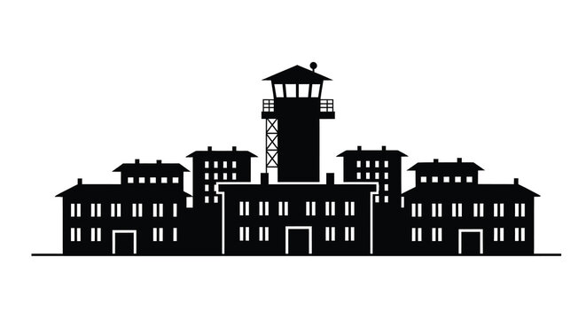 A stark black silhouette depicts a prison complex featuring a central watchtower and surrounding buildings with repeating window patterns