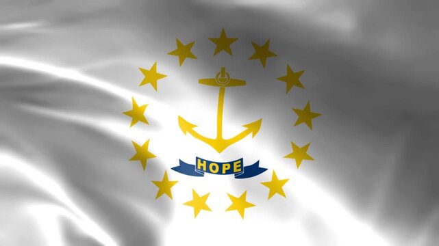 Rhode Island state flag waving featuring a golden anchor and stars with the word HOPE representing the Ocean States identity and patriotism