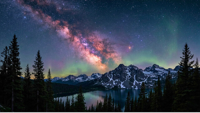 Northern Lights and Milky Way Over Reflective Alpine Lake at Night