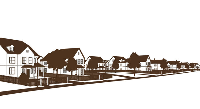A vintage style illustration depicts a row of suburban houses with gabled roofs a street and sparse trees high quality