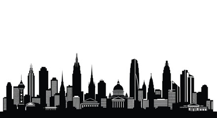 A striking black and white silhouette depicts a dense urban skyline featuring prominent buildings and architectural landmarks high quality © Pvect02