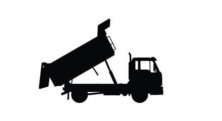 A stark silhouette depicts a heavy duty dump truck with its bed raised suggesting construction or material transport high quality © Pvect02