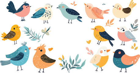 Fototapeta premium Cute cartoon birds and flowers seamless spring nature pattern vector illustration
