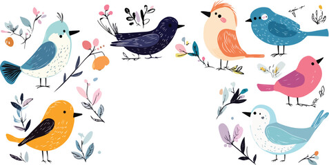 Fototapeta premium Cute colorful birds and flowers illustration on a branch in spring nature style