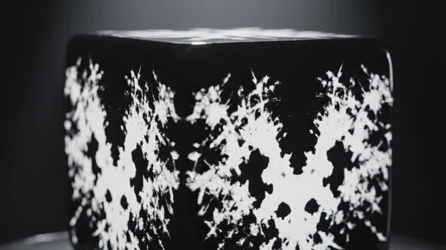 Black cube rotating with abstract white ink blot patterns reflecting symmetry and psychological testing