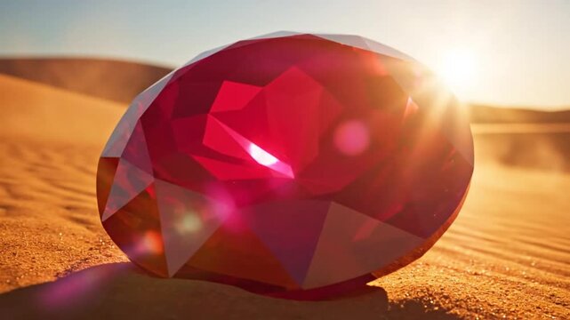 Large ruby gemstone resting on sand dunes reflecting sunlight during a desert sunset