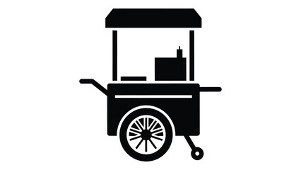 A black silhouette of a food cart with a wheel and canopy