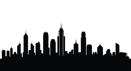 A striking black silhouette depicts a dense urban skyline showcasing numerous skyscrapers and buildings against a bright white backdrop © Pvect02