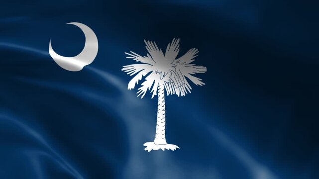 South Carolina flag waving detailed illustration of the Palmetto State symbol with crescent moon on dark blue background representing patriotism and state pride