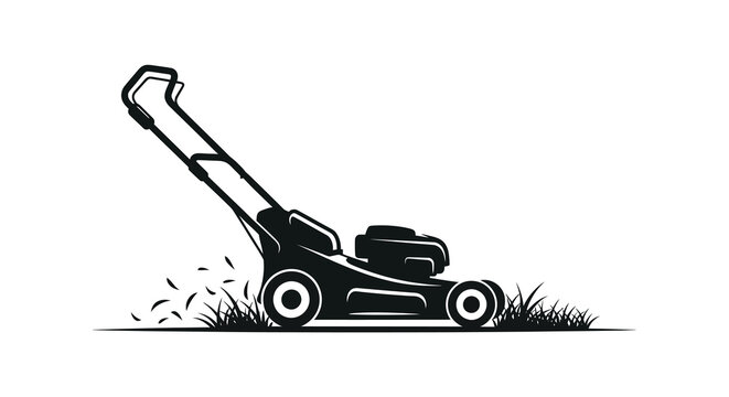 A stylized black silhouette depicts a gasoline powered push lawn mower cutting grass on a bright white background