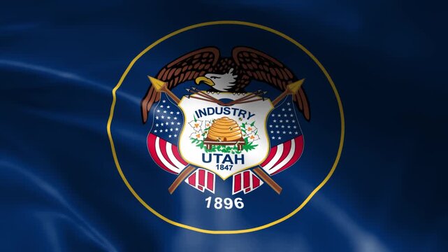 Waving flag of Utah USA featuring the state seal with an eagle and beehive symbolizing industry and heritage perfect for patriotic or regional themes