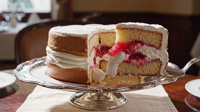 Classic Victoria sponge cake with whipped cream and strawberry jam filling on a vintage silver stand. Traditional British dessert served for tea. Gourmet food concept.