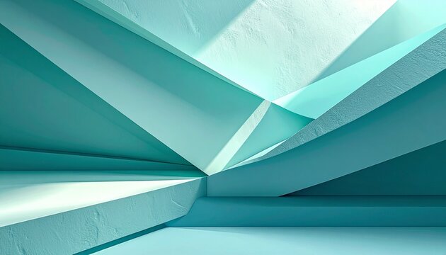 Abstract geometric composition with flowing folds and light blue and teal shadows creating a sense of depth and movement