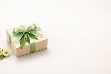 A beautifully wrapped gift box adorned with a delicate green ribbon and surrounded by fresh flowers, perfect for special occasions and celebrations.