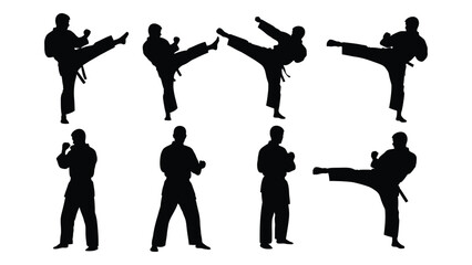 Seven black silhouettes of men in different karate poses © SILHUETTECHEMBER