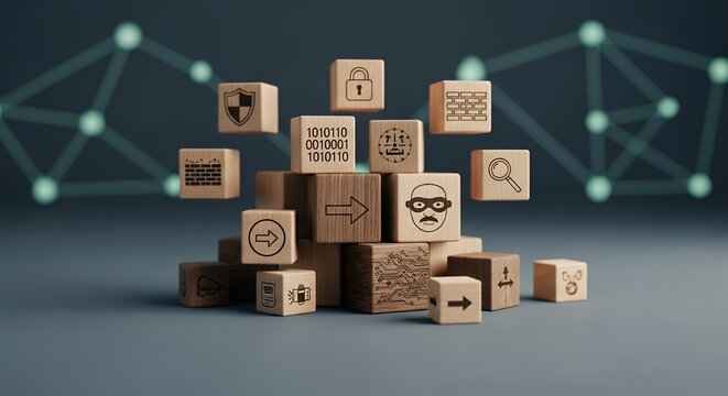 Cybersecurity and data protection concepts represented by wooden blocks with symbols.