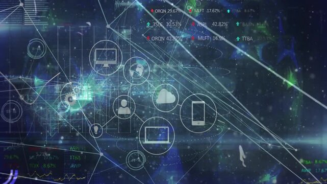 Cloud icon appearing icons fading and linking into mesh visualizing device data network over nebula