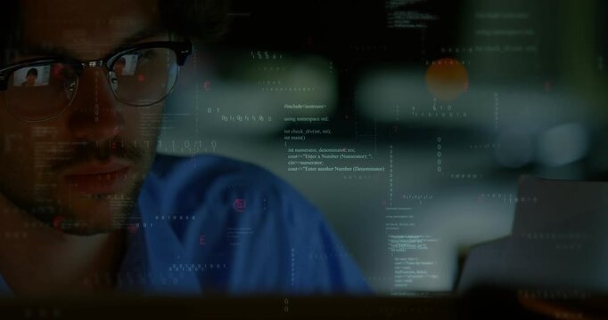Tech developer wearing glasses reacting to code overlay on lenses, shifting gaze and confirming fix