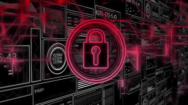 Crimson stream initiating while glowing lock scaling brightening pulsing securing network data wall