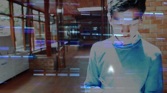 Student taking notes in education corridor, camera pulling back while blue streaks overlaying