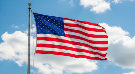 Obraz premium Image of United States flag waving against blue sky with white clouds, symbolizing patriotism, national pride and freedom, perfect for independence concepts