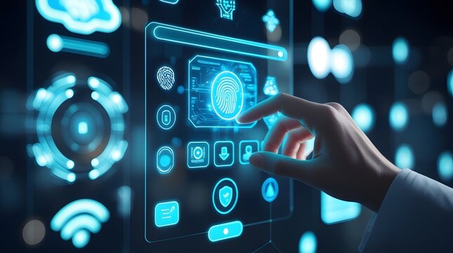 Futuristic Digital Transformation Concept with Holographic UI and Virtual Touchscreen Interface