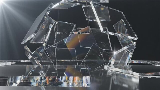 Abstract 3D crystal sphere construction and deconstruction with light and reflection on dark background