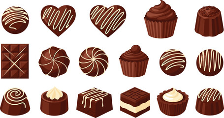 Chocolate candies and desserts collection truffles cupcakes pralines sweets vector illustration set
