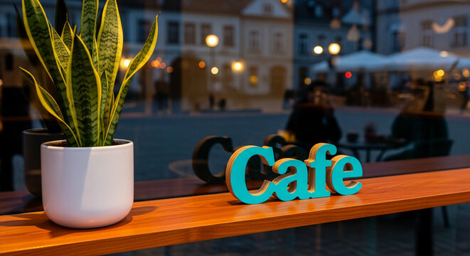 Image of potted snake plant, wooden "Cafe" text sign on a shelf. Symbolic for establishment, urban lifestyle, business environment, service industry