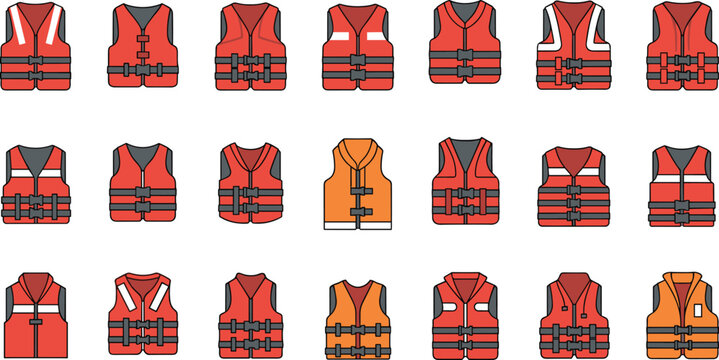 Life jacket and safety vest collection personal flotation device vector illustration set