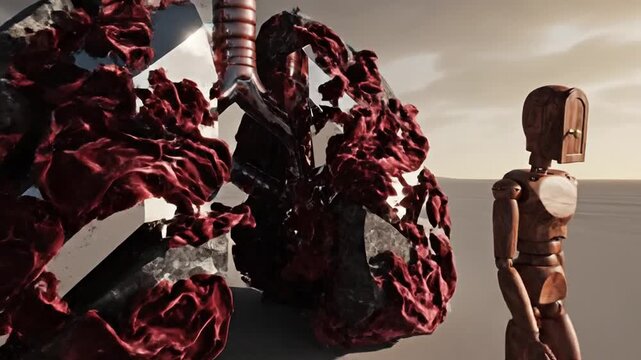 Surreal Desert Landscape with Abstract Sculptures and Mannequin.