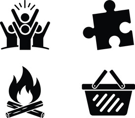 Fototapeta premium Four black and white icons representing teamwork puzzle camping and shopping
