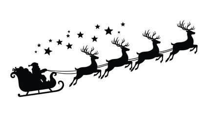 Santa claus rides through the night sky in his sleigh pulled by reindeer © SILHUETTECHEMBER