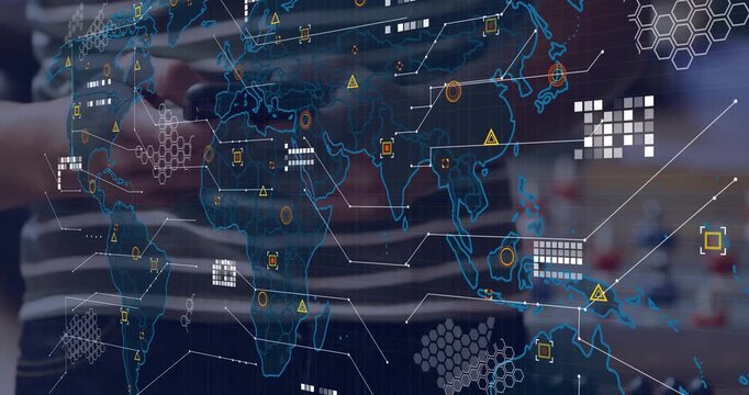 Man tapping phone over foosball table, tech overlay expanding and populating world map for analysis