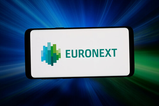 Stuttgart, Germany - 03-04-2026: In this photo illustration, the logo of stock exchange company Euronext N.V. is displayed on a smartphone in front of abstract background on computer screen.