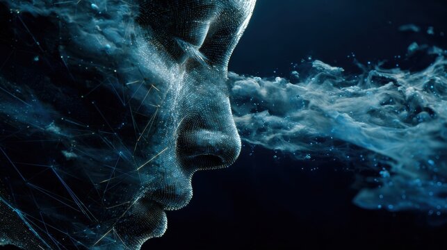 Particles representing personal identifiers dissolve inside a privacy shield. The scene is dark and engages with hyperreal details.