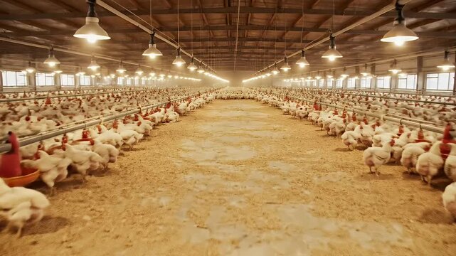 Thousands of white chickens densely packed inside a long, brightly lit poultry farm building