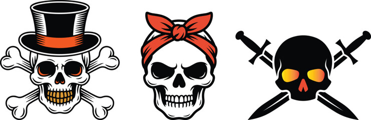 Obraz premium Skull with top hat and crossbones vector emoji, symbol for danger, Halloween, pirate