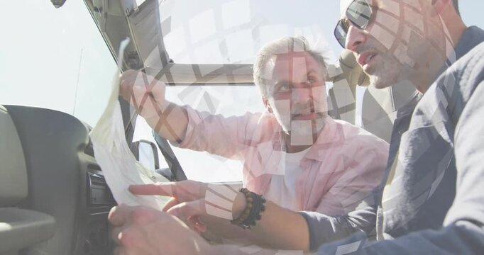 Passenger unfolding map, driver leaning, both tracing route for travel with animated lines over map