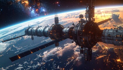 Space station orbiting blue planet, starfield visible in the background, highly detailed sci-fi environment