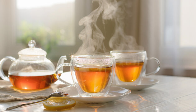 Steaming hot tea in a clear glass cup on a white table, with soft afternoon light and gentle steam rising.