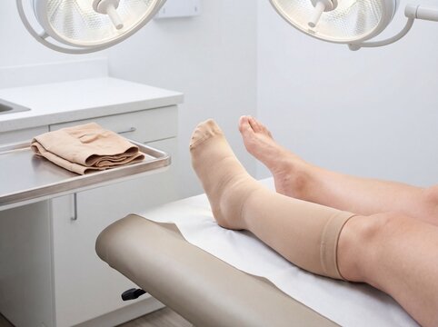 Lymphedema: Professional photography, close-up of one significantly swollen leg compared to the other, medical compression stocking nearby, clean clinical lighting.