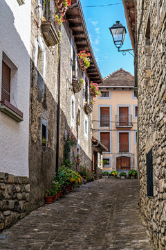 Old town of the beautiful village Anso, Pyrenees region, Huesca, Aragon, Spain.