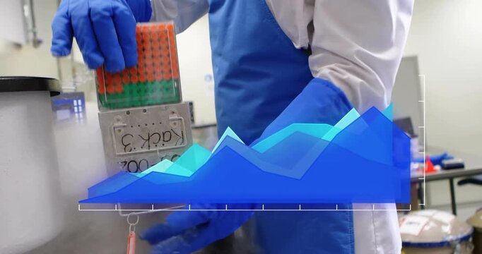 Vertical video: Lab tech reaching into dewar lifting rack passing plate for tests with blue overlay