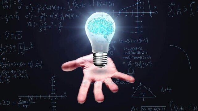 Vertical video: Right hand rising palm up, hovering bulb with brain, spawning chalk math for STEM
