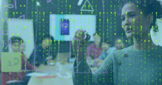 Female presenter starting by writing on glass, leading tech review with binary code falling