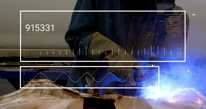 Welder raising torch, igniting blue arc, shifting and repairing auto panel, HUD updating above seam